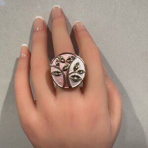 Adjustable Tree of Life Statement Ring – Two-Tone Pink & Gold Tone